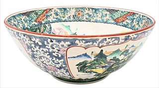 Large Japanese Ko-kutani Punch Bowl, 19th century, Meiji period, decorated inside and out with landscapes, star crack and pottery mark on base, height