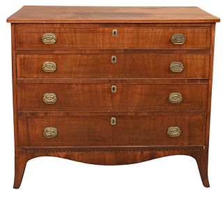 Federal Cherry and Mahogany Four Drawer Chest, on french feet, circa 1800, height 36 1/4 inches, width 41 inches. Provenance: Estate of Wallace Bradwa