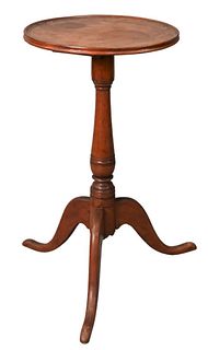 Cherry Candle Stand, with round dished top, on turned shaft, set on tripod base, Connecticut, circa 1780, height 26 1/4 inches, diameter 14 1/4" x 14 