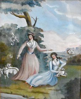 Pair of English Reverse Glass Paintings, depicting seasonal activities, 19th century, each within a molded giltwood frame, sight size 16 3/4" x 14". P