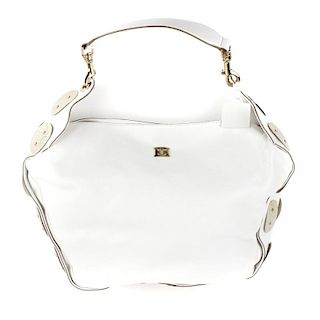ESCADA - a white leather tote with metal trim. The white leather with gold-tone, oval, hammered meta