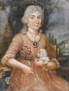 European Portrait, woman wearing a pink dress and medal brooch, holding a dog with landscape in background, oil on board, unsigned, 8 3/4" x 6 3/4".