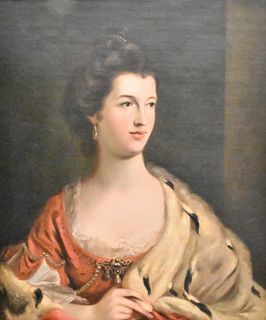 Attributed to Frances Cotes (1725 - 1770), portrait of Mrs. MacDonald, wearing an ermine cloak over a red dress decorated with pearls, oil on canvas, 