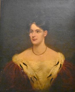 Attributed to Sir Thomas Lawrence (1769 - 1830), portrait of Lady Sara Wilkinson, in fur and velvet coat over white dress, oil on canvas, unsigned, ol