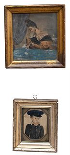 Group of Four Miniature Paintings, to include a pair of portraits of sailer by a window and the other of his wife saddened by a letter; along with a s