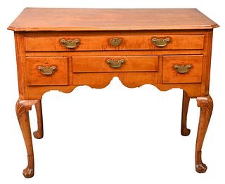 Queen Anne Highboy Base, maple and tiger maple, on fan carved cabriole legs ending in carved feet, Pennsylvania, circa 1750, curly maple with pine bac