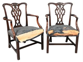 Pair of George III Mahogany Armchairs, each with pierced carved backs, fully upholstered seats, mahogany (primary); beech (seat rails), height 37 1/2"