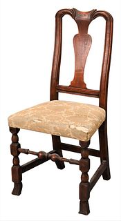 Queen Anne Side Chair, having over upholstered seat, all set on Spanish feet, in old finish, 18th century, height 40 inches, seat height 18 1/2 inches