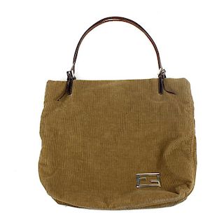 FENDI - a corduroy shoulder tote. Crafted from khaki coloured corduroy, featuring dual thin flat bro