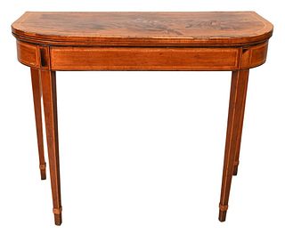 George III Mahogany Card Table, shaped with light wood inlays, set on square tapered legs, England, circa 1800. Provenance: Hooper collection. Marie A