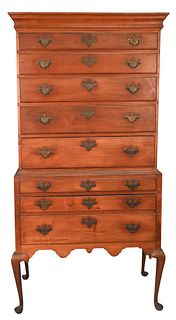 Queen Anne Cherry Highboy, in two parts, upper section with long cornice molding over five graduated drawers on lower section, long drawer over one de