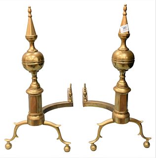 Pair of Federal Brass Steeple Top Andirons, having log stops, signed New York, height 23 1/2 inches.