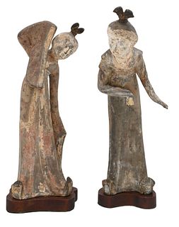 Pair of Clay Tomb Figures of Female Dancers, Tang Dynasty (618 - 907), both on custom wooden stands, height 12 3/4 inches. Provenance: Estate of Mary 