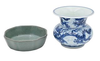 Two Chinese Porcelain Pieces, to include a small shallow celadon dish in fitted wood box, diameter 4 1/4 inches; along with a blue and white five claw