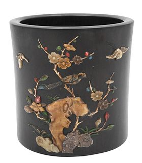 Hardwood Brush Pot, mounted with coral, hardstone, and mother of pearl made into flowers and birds, having character marks, made of bone on back, heig