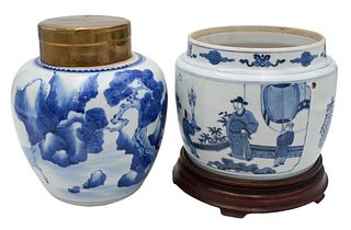 Two Chinese Blue and White Covered Jars, 19th century, one ovoid shape with a brass cover, decorated with pine trees and clouds; the other with square