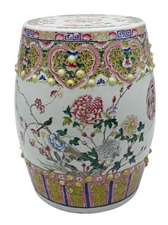Chinese Famille Rose Barrel Garden Seat, mid 19th century, gadroon decoration on base and large jui-head band, Greek key and peaches around throat, op
