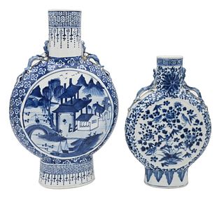 Two Chinese Blue and White Moon Flasks, heights 10 1/2 and 14 inches. Provenance: An estate from Redding, CT.