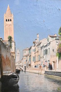 Vincenzo Caprile (1856 - 1936), Rio San Barnaba, Venezia, Venice Canal, oil on canvas, signed lower right V. Caprile, Sotheby's label on back, lot #15
