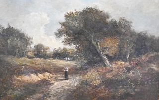 Joseph Thors (1843 - 1898), gatherer on a woodland path, signed lower left and reverse, oil on panel, sight size 11 5/8" x 17 3/4". Provenance: Christ