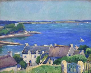 Abel George Warshawsky (1883 - 1962), Ocean Bay, inlet with boats, oil on canvas mounted on artist board, signed lower left A.G. Warshawsky, 25" x 32"
