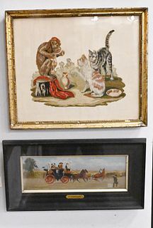 Four Framed Pieces, to include a pair of equestrian paintings by Charles Faulkner (1900), having horses pulling a carriage with people, "All right sir