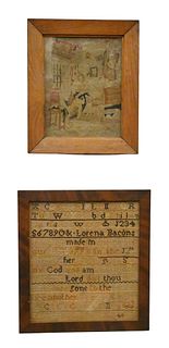 Three Framed Needleworks, to include a 1793 sampler by Lorence Bacons, 11 1/2" x 10 1/4"; along with two early needlepoints of figures. Provenance: Es