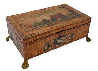 Tiger Maple Lift Top Box, having paint decorated top depicting Bacon Academy and Emeline Whitman on reverse, literature, height 5 inches, top 7 7/8" x