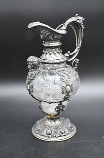 Continental Silver and Frosted Crystal Claret Jug, having bird head handle and north wind face on front, (as is) on base reglued and resoldered, heigh