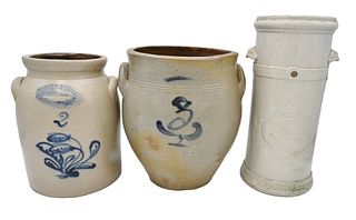 Three Stoneware Pieces, to include a crock with blue decoration, marked S. Haddington; Filtre Chamberland system pasteur stoneware container with spig