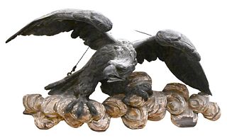 Majestic Carved Eagle, having full wingspan on gilt scrolled base, height 23 inches, width 39 inches.