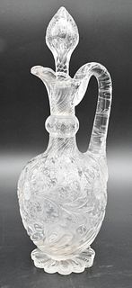 Cut Crystal and Etched Decanter, having scrolling fern vine and flower decoration on petal foot, height 13 1/4, (chipped foot).