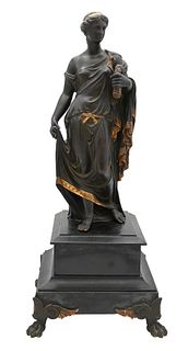 Classical Figure of a Woman, wearing a robe with gilt edge, belt and wreath, standing on a square slate base on bronze claw feet, height 22 1/2 inches