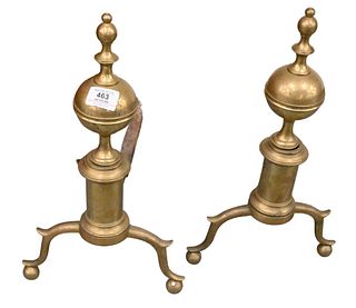 Pair of Federal Brass Andirons, on ball feet, circa 1820, height 17 1/2 inches; along with a pair of Federal brass andirons, 19th century.