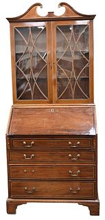 Mahogany Drop Front Secretary Bookcase, in two parts, England, 19th century, height 84 inches, width 36 inches, depth 20 inches.