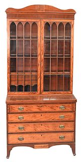 Federal Mahogany Secretary Desk, in two parts, upper section with two glazed doors with birch trim on lower section, having flip writing surface over 