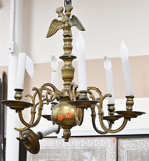 Northern European Baroque Brass Six Light Chandelier, late 18th / early 19th century, having spherical pendant and turned body supporting six scrollin
