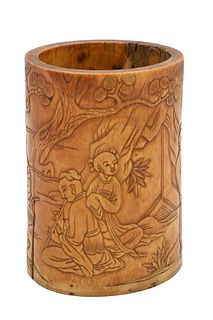 Carved Chinese Ivory Brush Pot, having carved figures around exterior, 19th century or earlier, (missing bottom), height 5 3/4 inches. Items containin