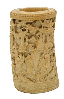 Chinese Carved Ivory Brush Pot, having carved scholars on one side and warriors on the opposite side, height 6 3/4 inches. Items containing ivory cann