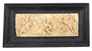 Carved Ivory Plaque of Townspeople Being Sacked, 19th century, (two breaks), 4 1/4" x 11 1/2". Items containing ivory cannot be purchased or shipped b
