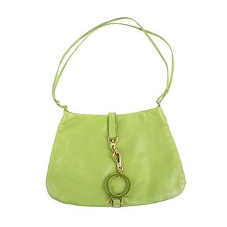 PRADA - a green leather bag. With two narrow rolled shoulder straps, top flap closure to the gold-to
