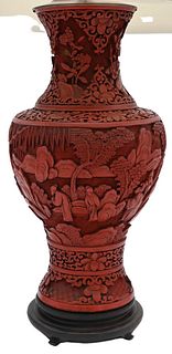 Cinnabar Lacquered Vase, made into a table lamp, mountainous scene, vase height 17 inches, total height 29 inches.