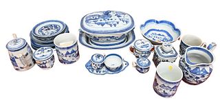 Large Group of Blue and White Canton Porcelain, to include a covered tureen, tankards, pitchers, plates, serving pieces and bowls.