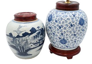 Two Chinese Blue and White Porcelain Ginger Jars, one painted with landscape scene, height 9 inches; along with one having scrolling stylized vines an