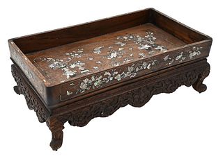 Chinese Carved and Inlaid Rectangular Tea Tray, hardwood, having mother of pearl inlaid flowers, butterflies and antiquities; base having carved bat a