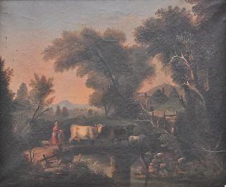 Continental School Farm Landscape, having figures and animals, oil on canvas, 18th century or later, 25" x 30". Provenance: Estate of Florence Yannios