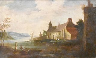 Dutch School, 19th century, peasants by a church beside a river, oil on canvas, sight size 9 3/4" x 15 1/2", ebonized frame 18" x 24", receipt on back