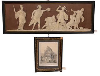 Four Framed Pieces, to include Chevalier, ink and brown wash, landscape, "Brendole Tragli Euganei", Kraushaar Gallery label on back; small sketch of a