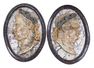 Pair of Large Italian Rouge Marble Portrait Plaques, having molded frames with rouge marble profile portraits and marble backgrounds, 28 1/2" x 20".