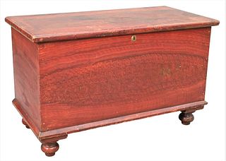 Lift Top Blanket Chest, having sponge painted surface on turnip feet, interior with till and two drawers, tulip poplar, late 18th century to early 19t